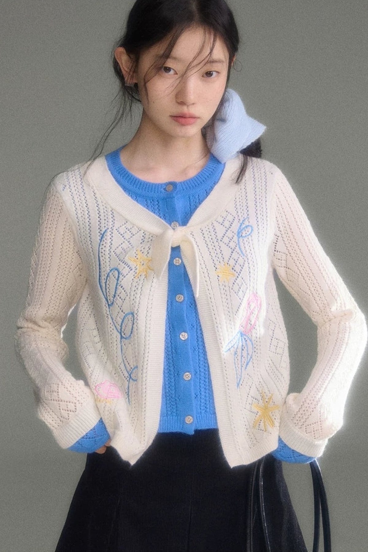 Two-Piece Wool-Blend Tulip Embroidery Knit Cardigan And Skirt Set-Up