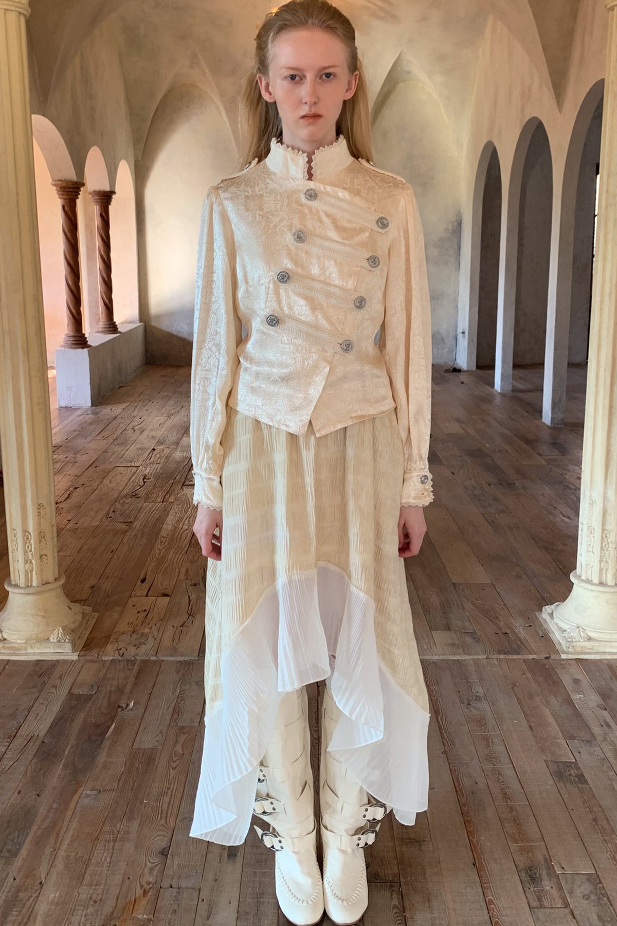 Beige Lace Stand Collar Jacket