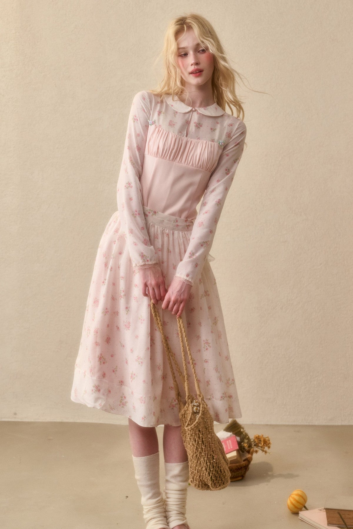 Peach Floral Satin Tencel Dress Set-Up