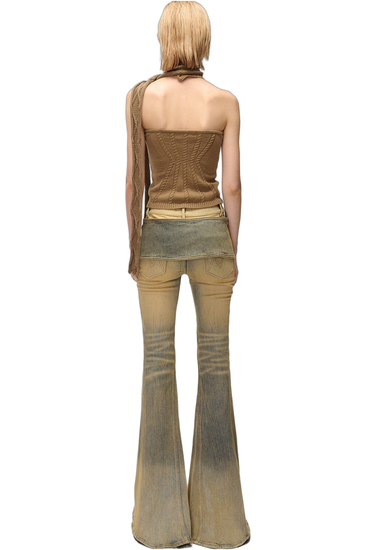 Detachable Waistband Vintage Washed Denim Flared Pants