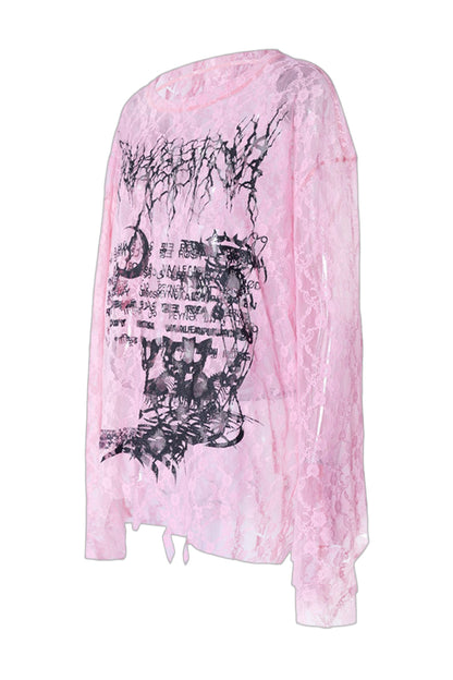 Loose Ripped Lace Cat Print Tee