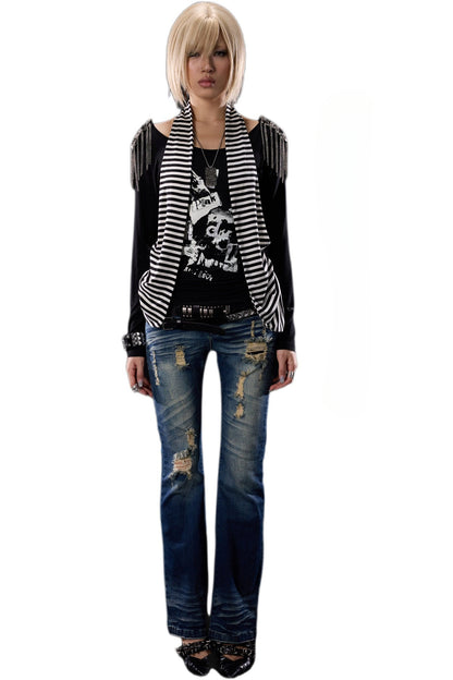 Distressed Cross-Studded Flared Jeans
