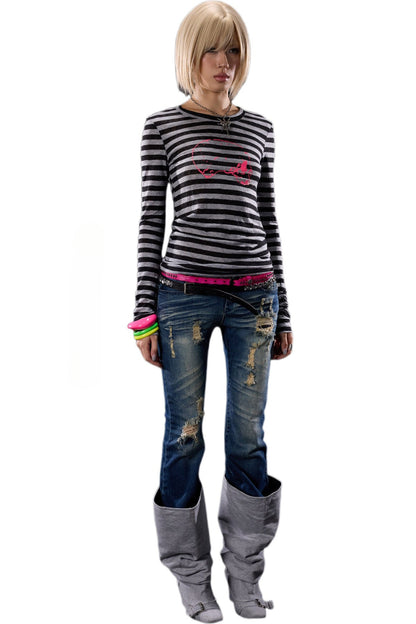 Skull Print Striped Long-Sleeve T-Shirt