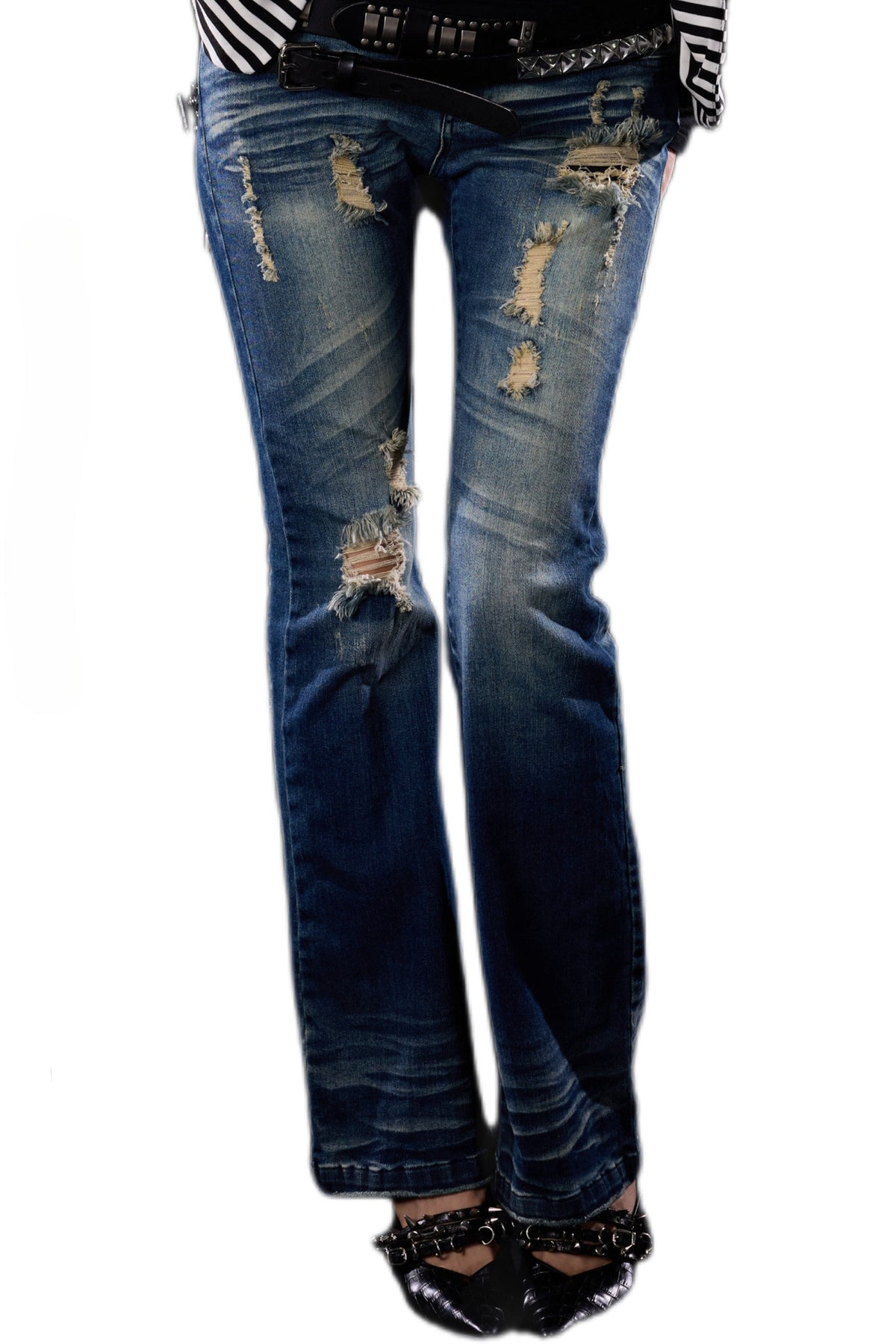 Distressed Cross-Studded Flared Jeans