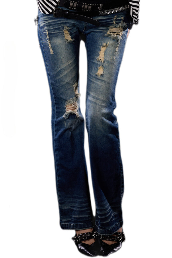 Distressed Cross-Studded Flared Jeans