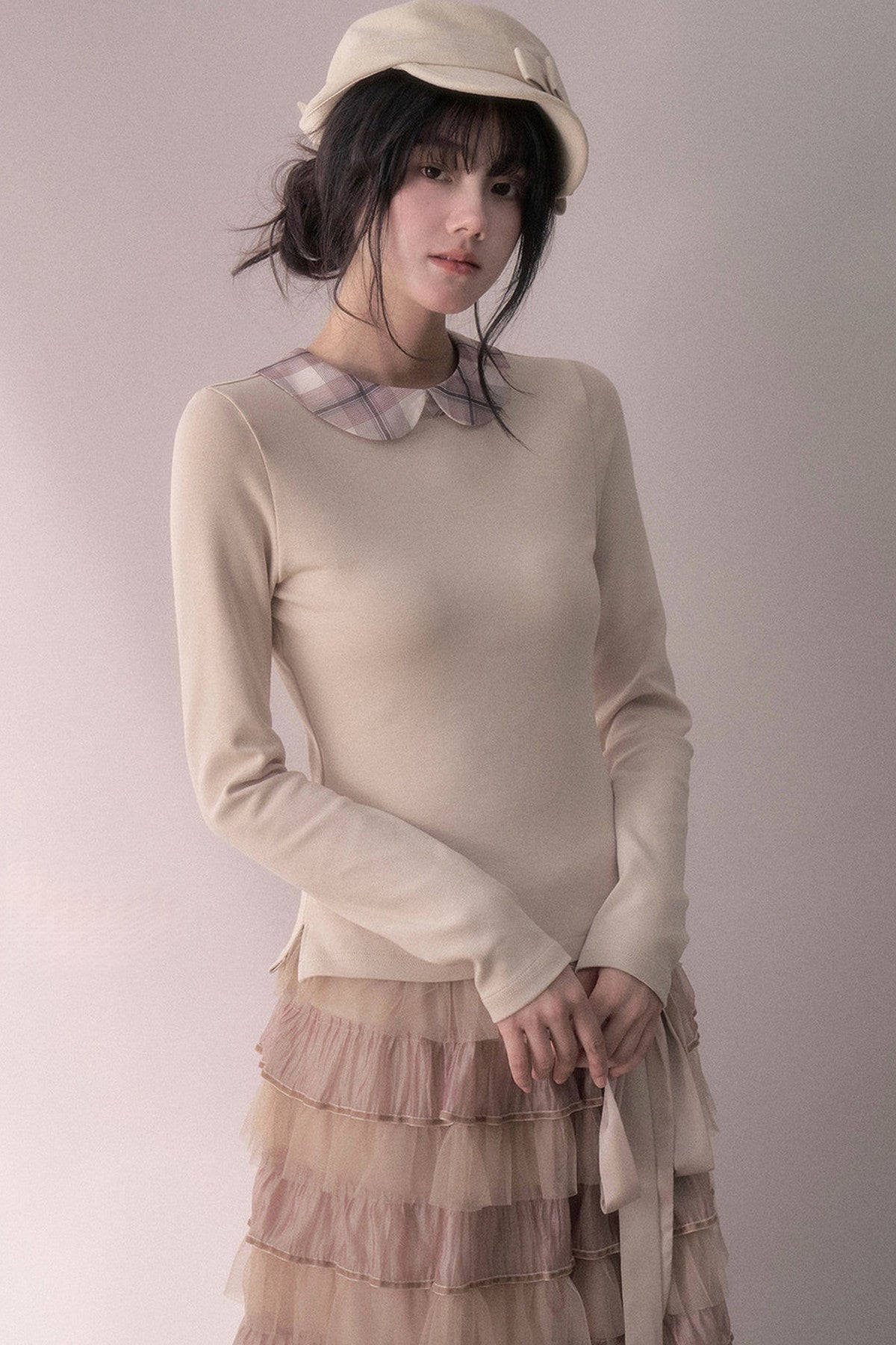 Milk Tea Plaid Cotton Knit Top