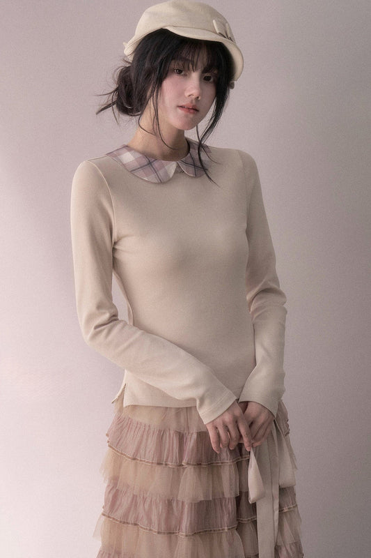 Milk Tea Plaid Cotton Knit Top