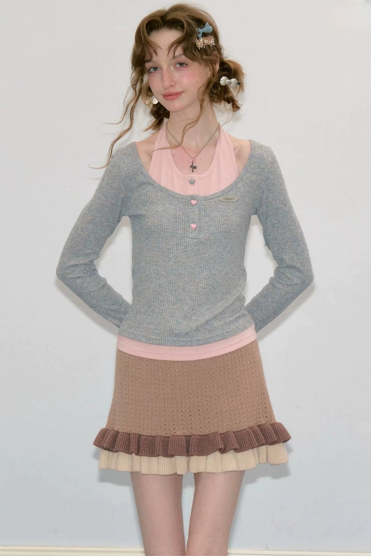 Layered-Look Long Sleeve Knit Top
