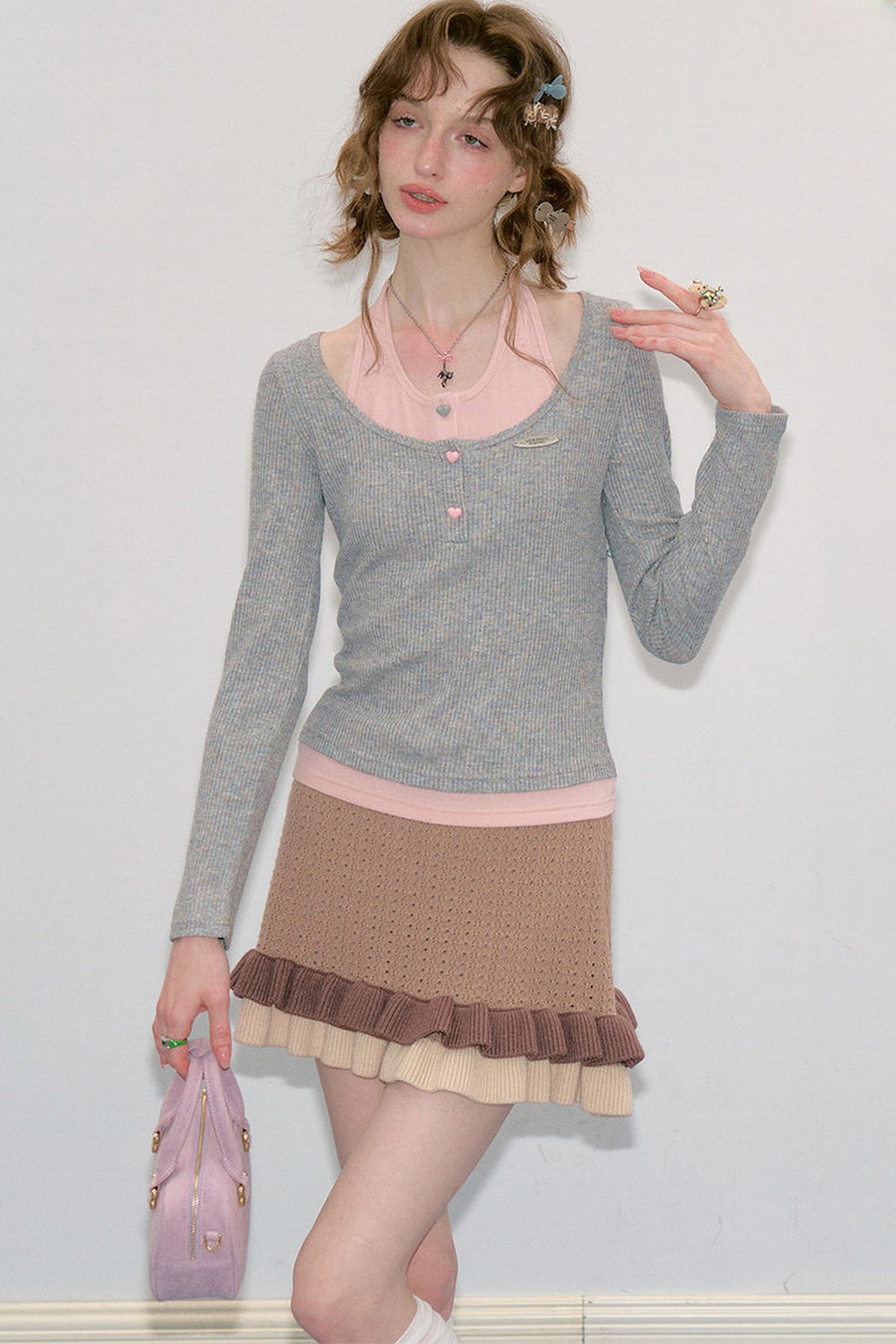 Layered-Look Long Sleeve Knit Top
