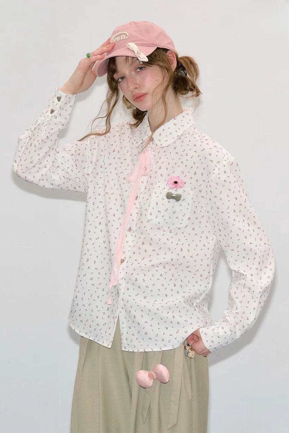 Lace-Up Doll Collar Floral Shirt