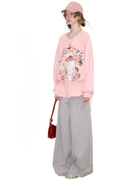 Pink Cat Print Sweatshirt