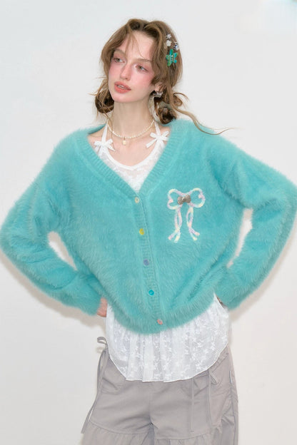 Fuzzy Bowknot Knit Cardigan
