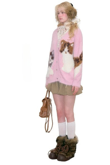 Pink Cat Knit Cardigan