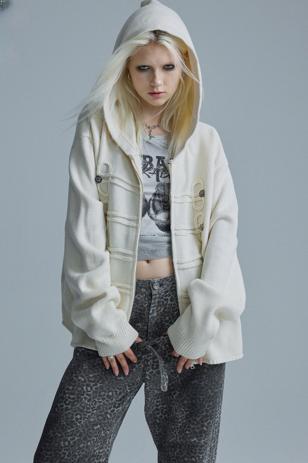 Chain Embroidery Hooded Knit Cardigan