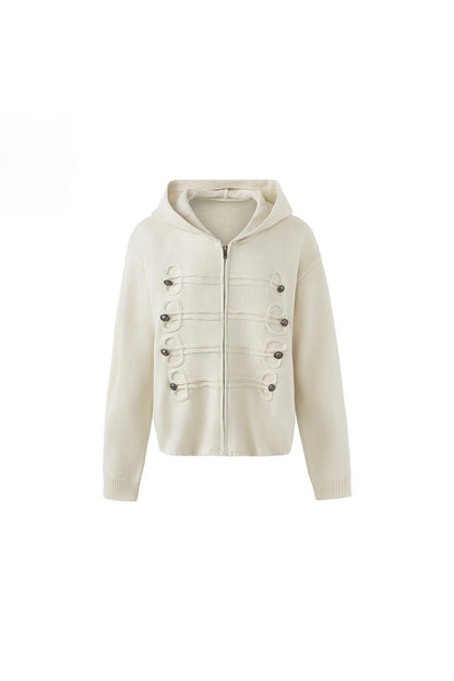 Chain Embroidery Hooded Knit Cardigan