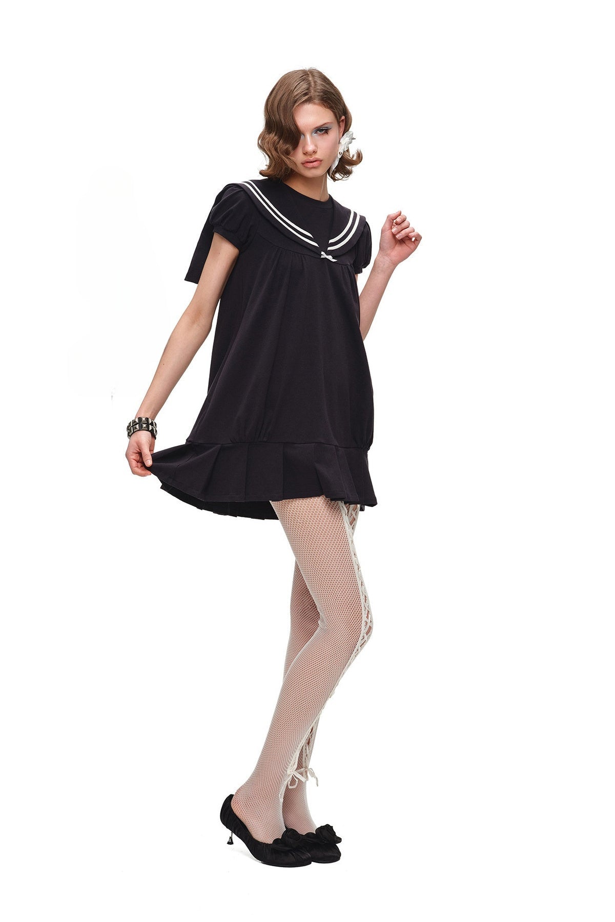 Oversized Sailor Collar Puff Sleeve Dress