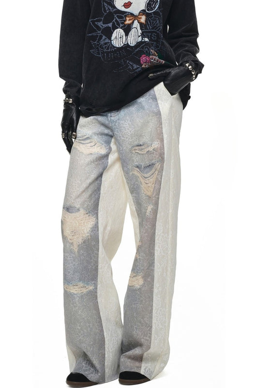 Washed Ripped Lace Straight-Leg Pants