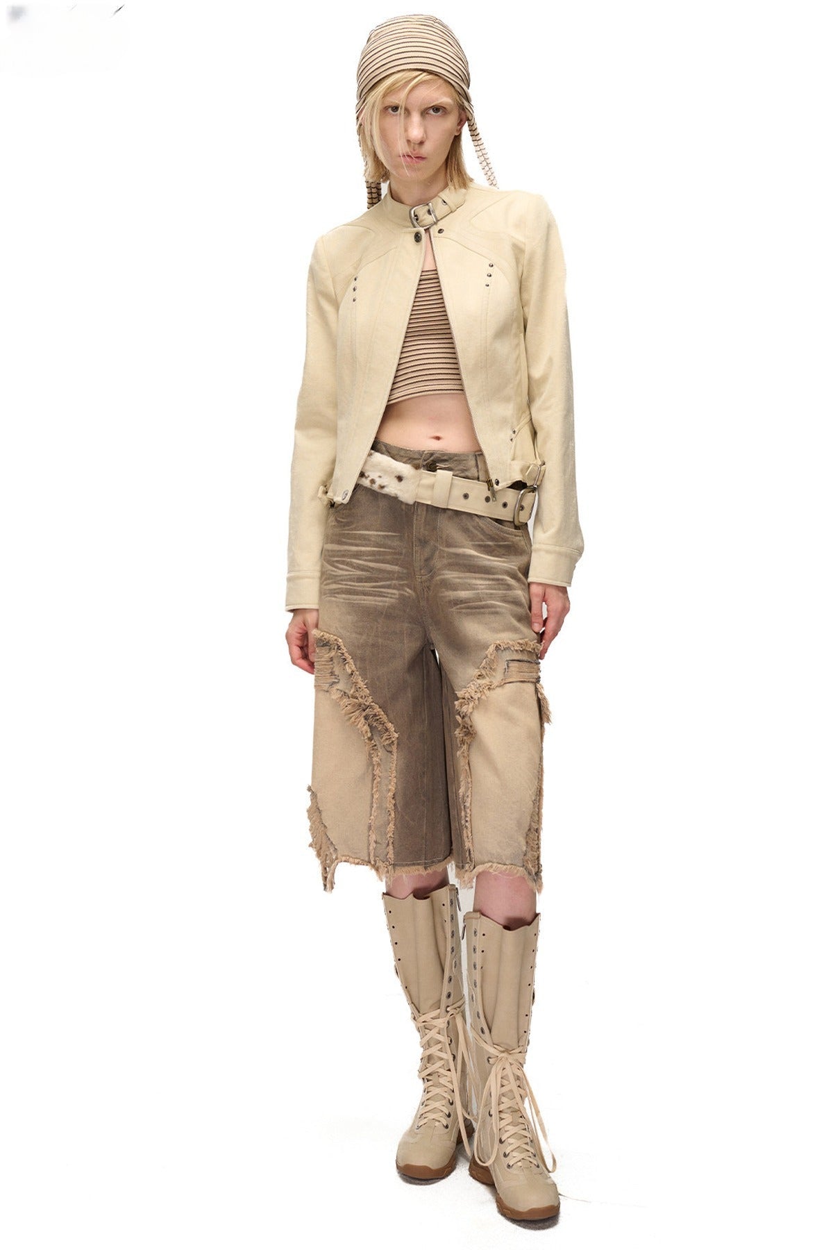 Storm Rider Washed Khaki PU Patchwork Jacket