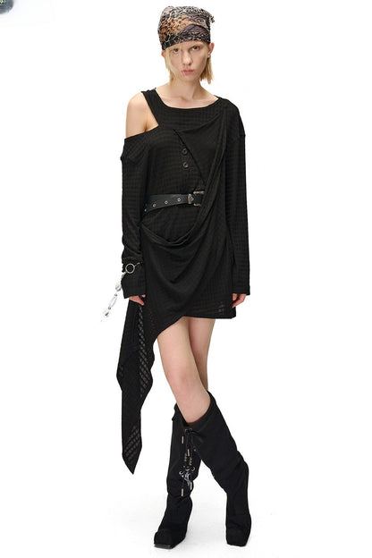Multi-Wear Layered Waffle Off-Shoulder Ribbon Irregular Dress
