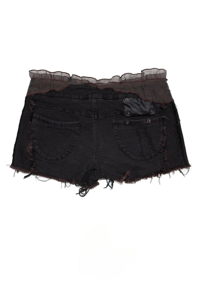 Ruffled Mesh Patchwork Frayed Denim Shorts