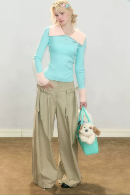 Contrasting Color Polo Collar Knit Top