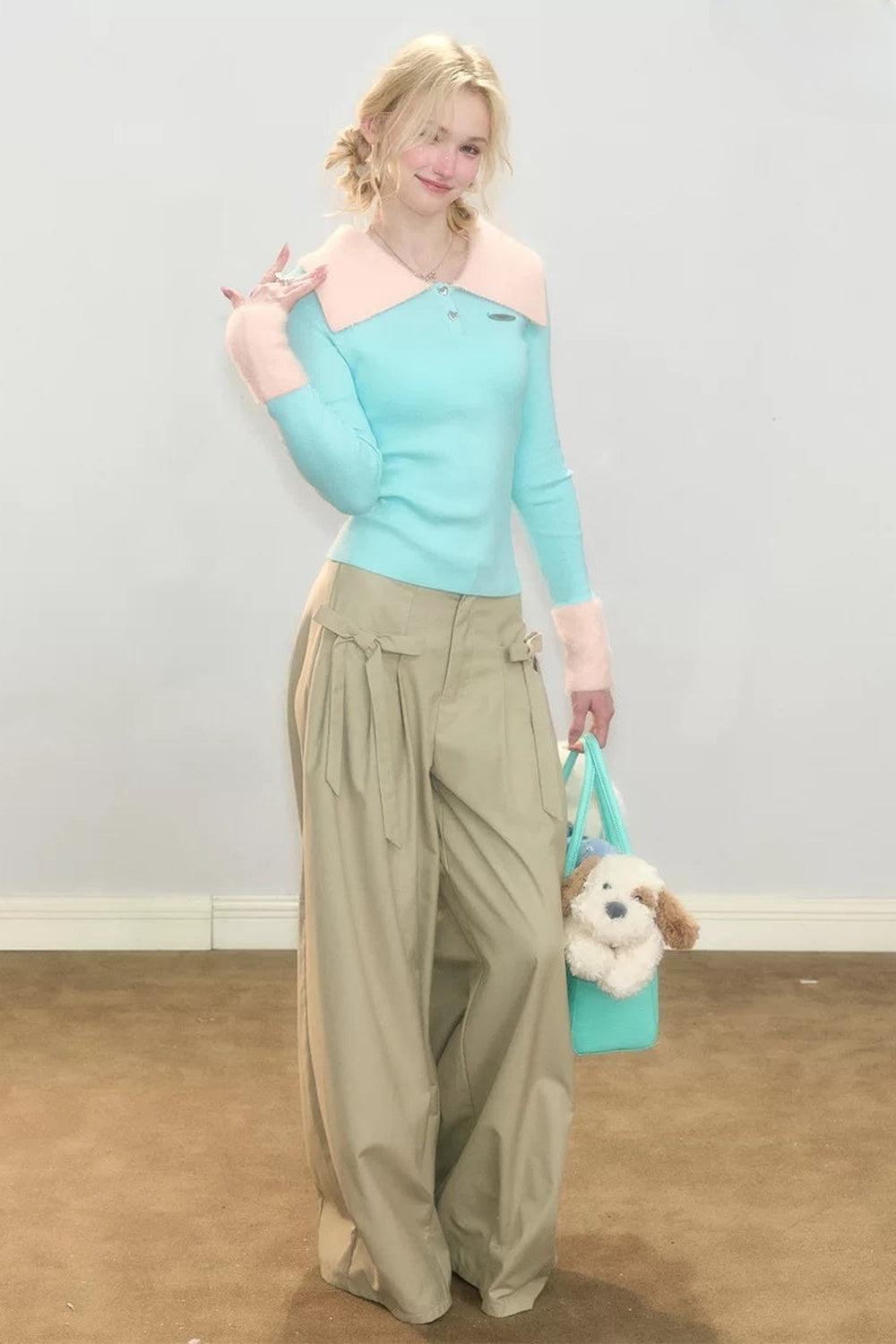 Contrasting Color Polo Collar Knit Top