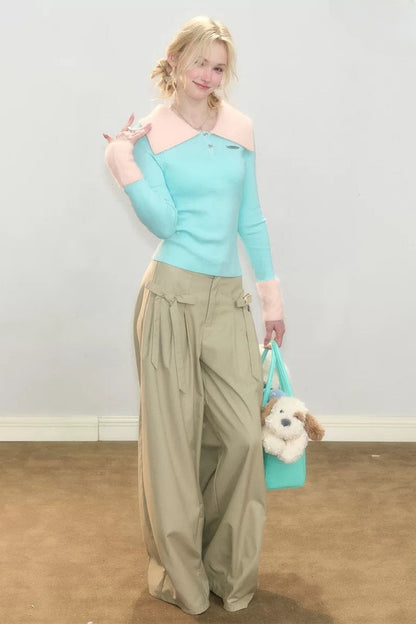 Contrasting Color Polo Collar Knit Top