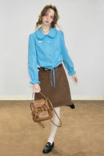 Brown Frayed Corduroy Mid-Length Skirt