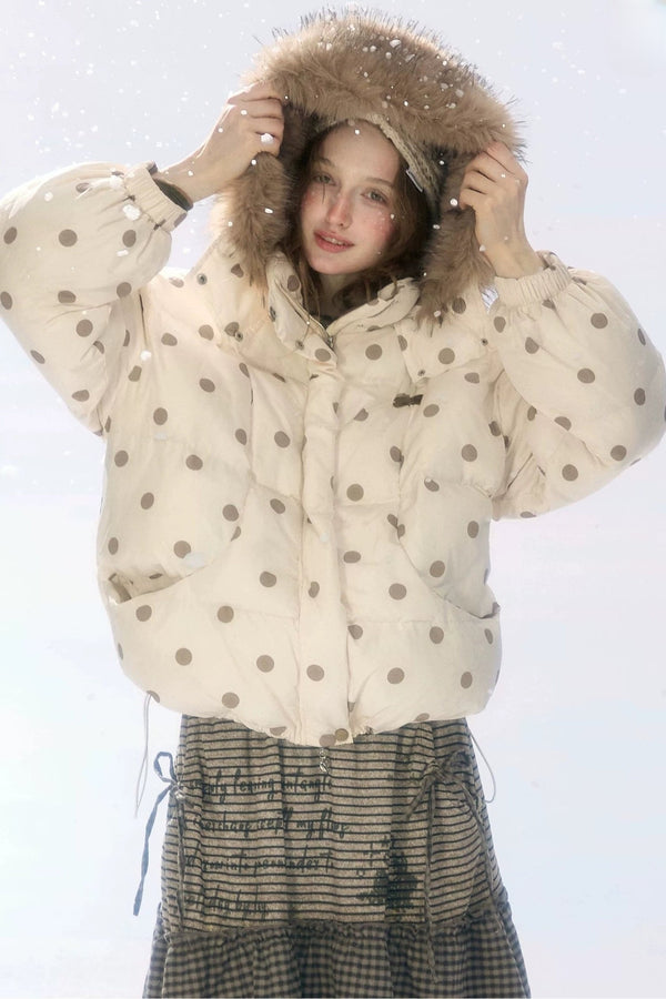 Polka Dot Fur Collar Hooded Down Jacket