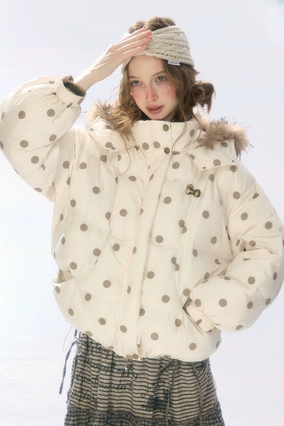 Polka Dot Fur Collar Hooded Down Jacket