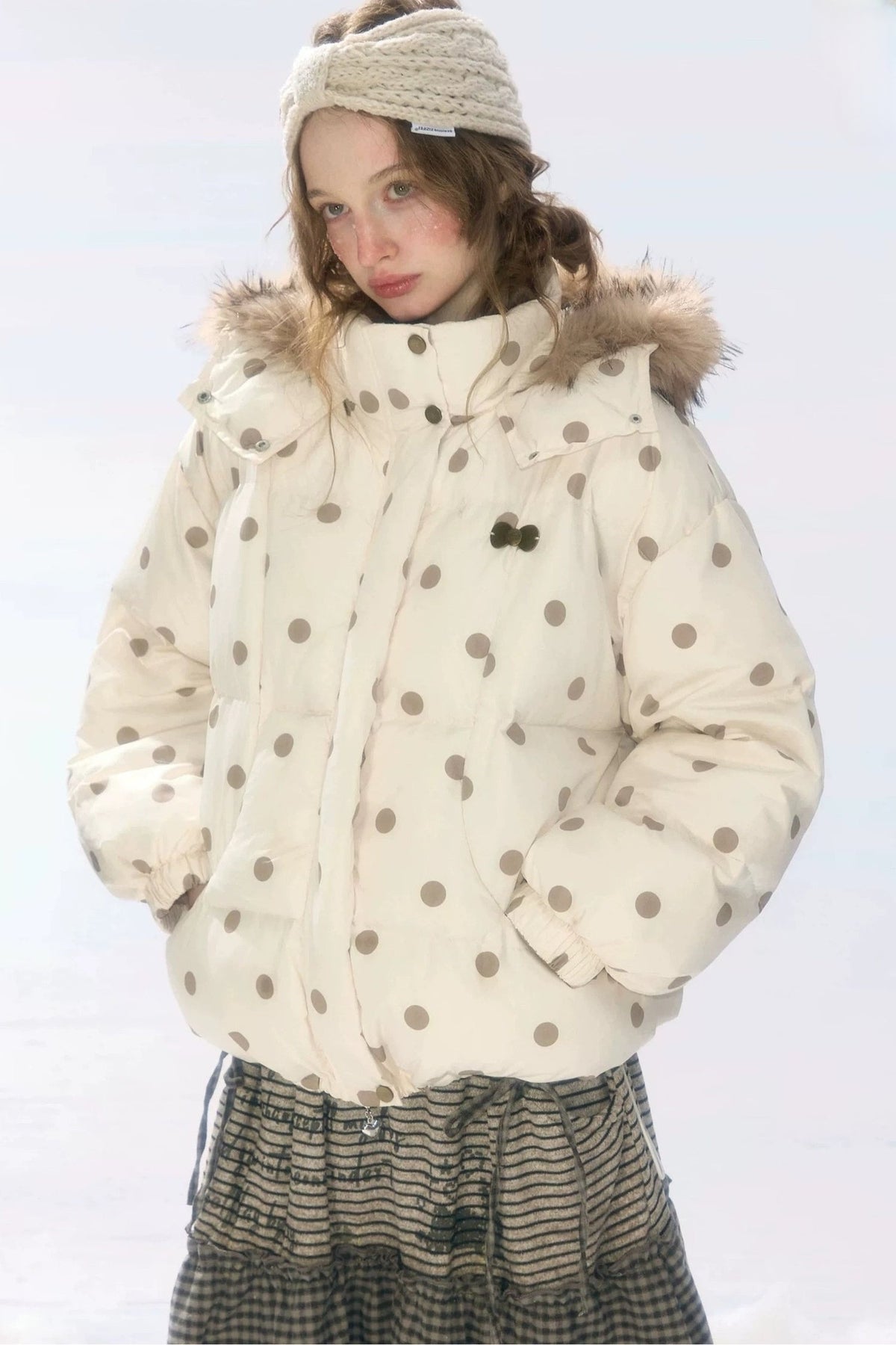 Polka Dot Fur Collar Hooded Down Jacket