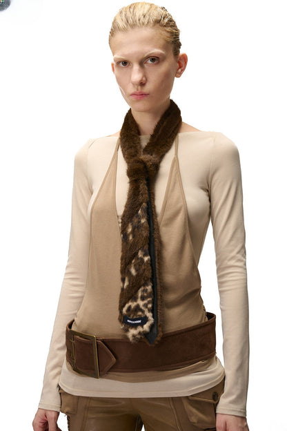Furry Leopard Print Tie Scarf