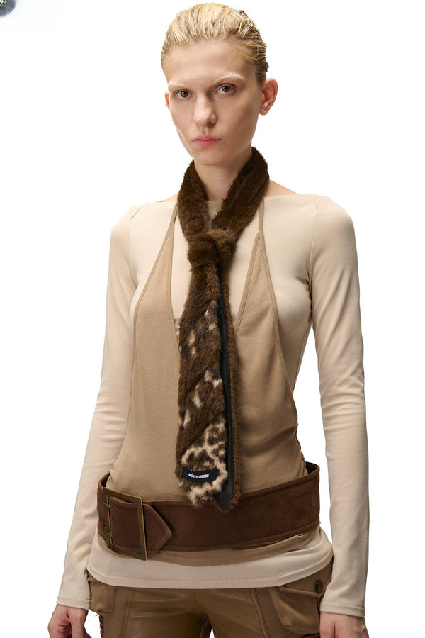 Furry Leopard Print Tie Scarf