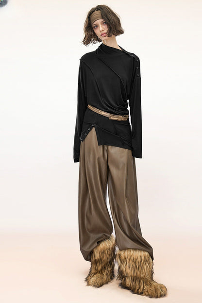 Lyocell Multi-Wear Ruffled Off-Shoulder Irregular Long-Sleeve T-Shirt