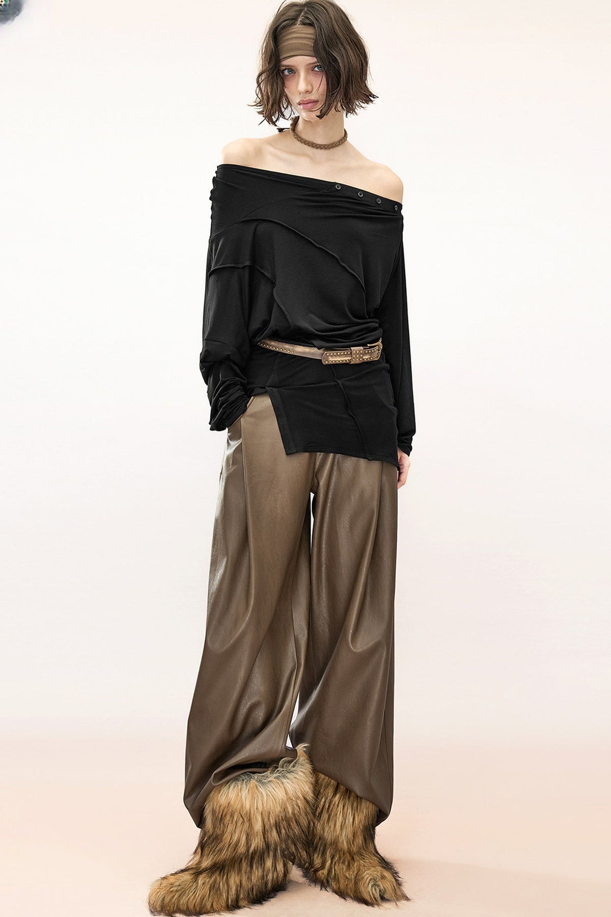 Lyocell Multi-Wear Ruffled Off-Shoulder Irregular Long-Sleeve T-Shirt