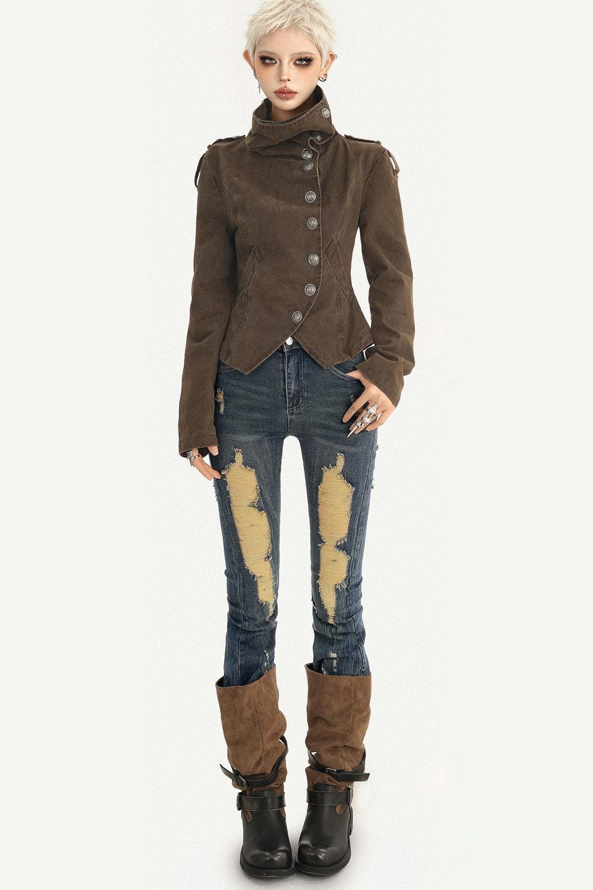 Punk Gothic Asymmetrical Diagonal Button Jacket