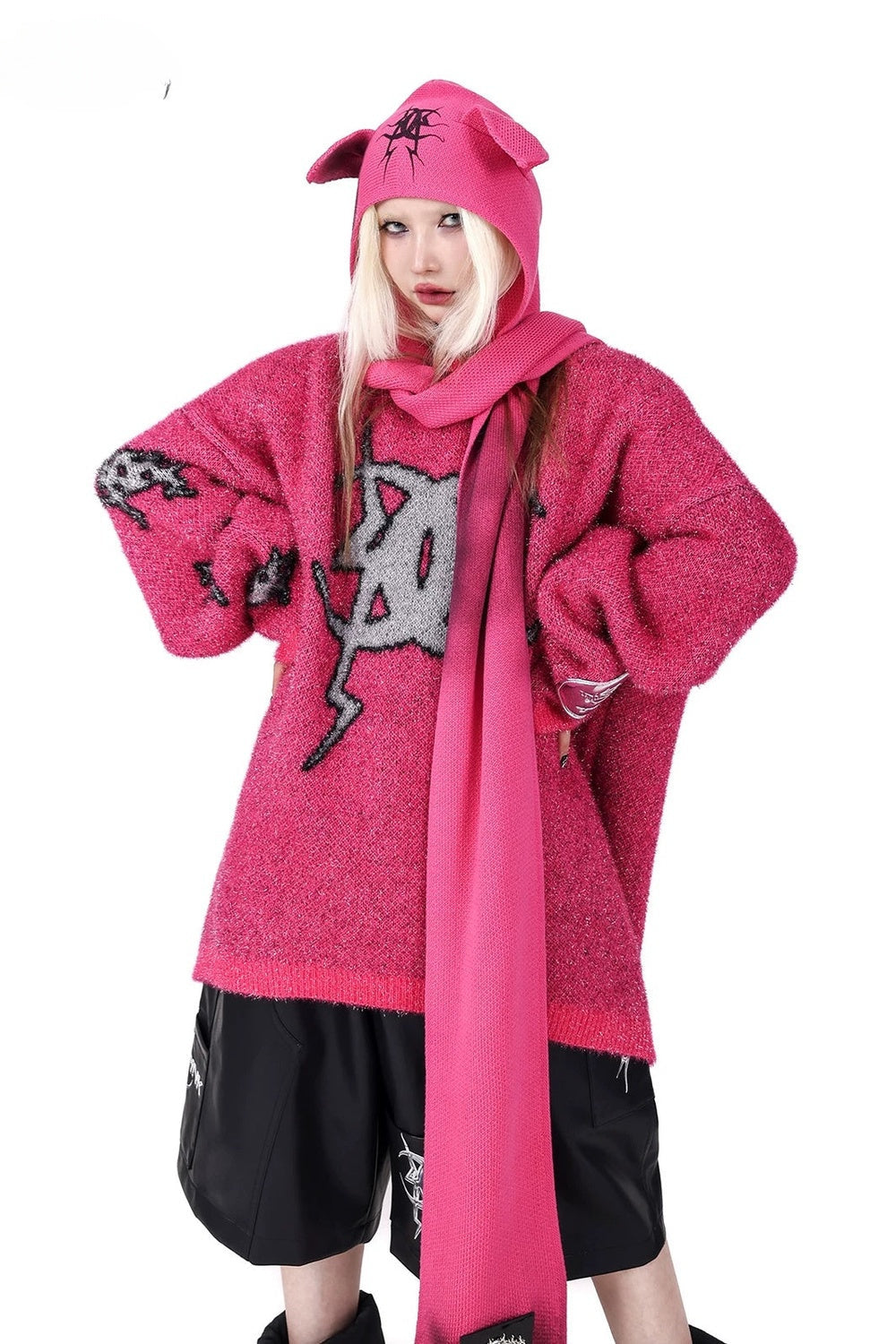 Cat Ear Graffiti Scarf Knit Hat