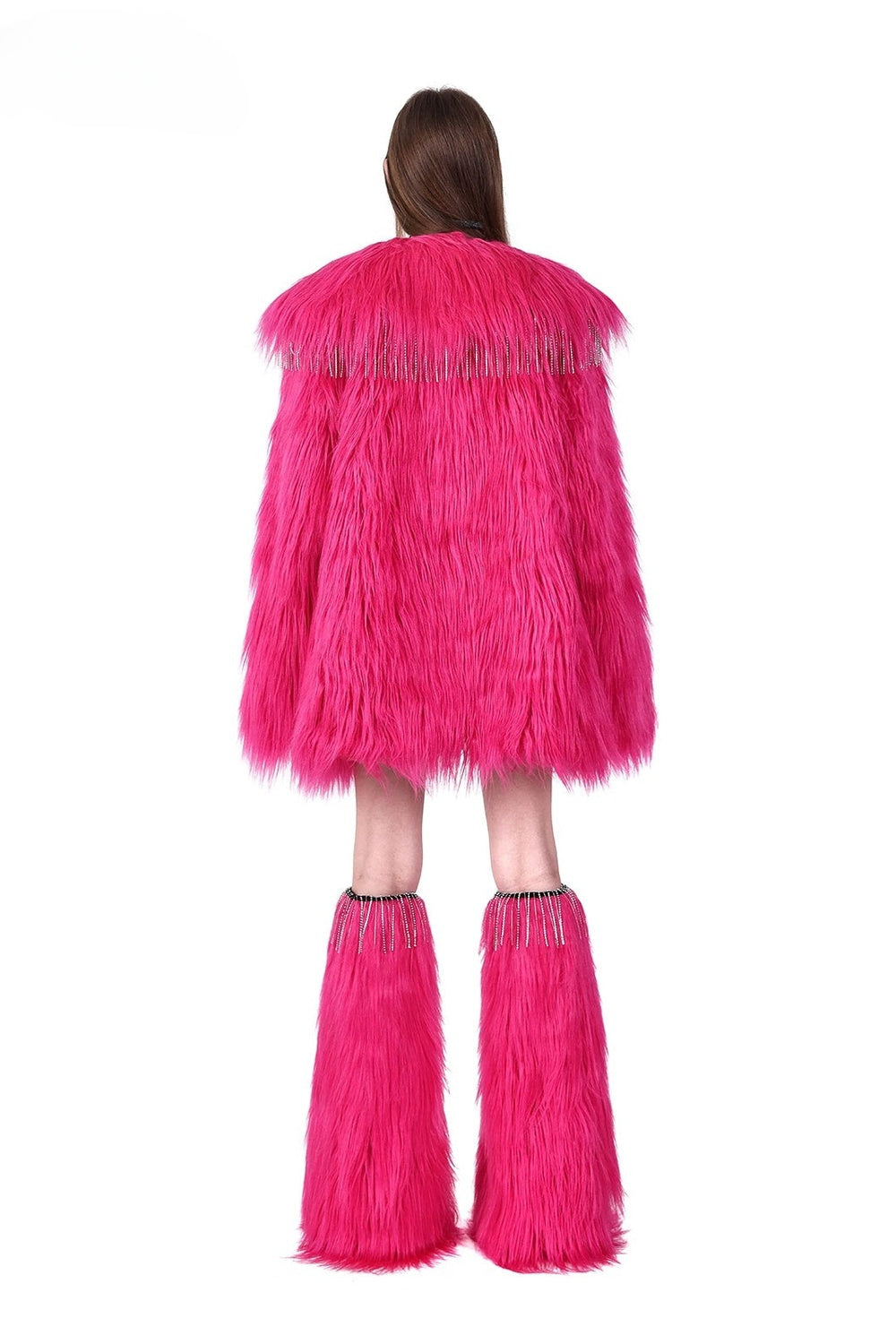 Pink Rhinestone Fringe Fur Jacket