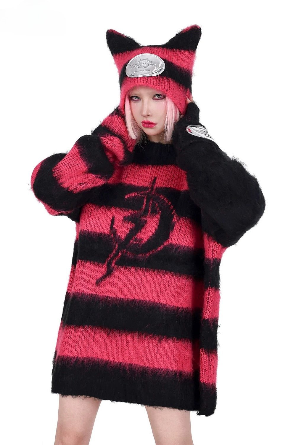 Striped Devil Cat Ears Knitted Hat