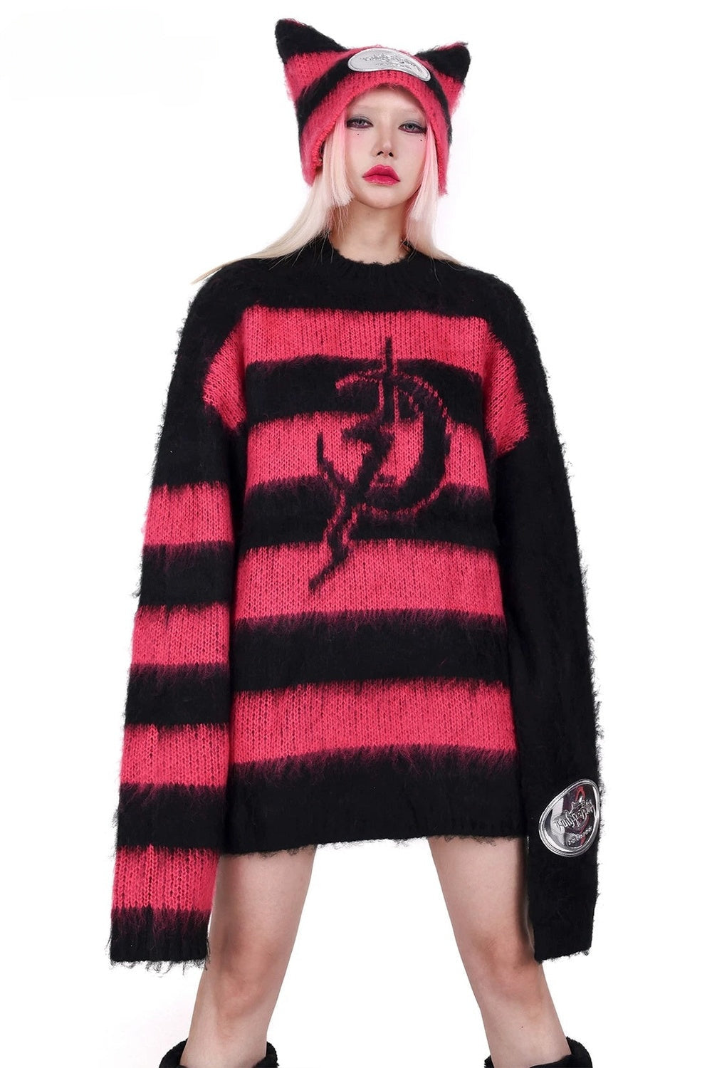 Loose Black Pink Stripe Knit Tops