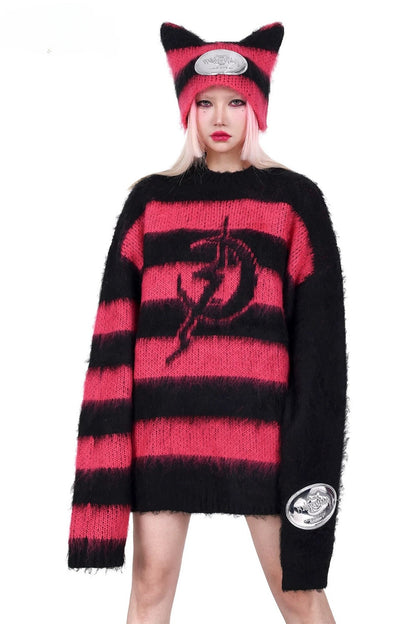 Loose Black Pink Stripe Knit Tops