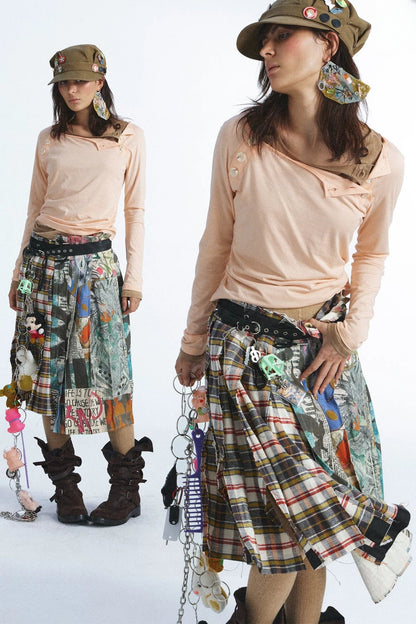 Plaid Graffiti Patchwork Pleated Skirt