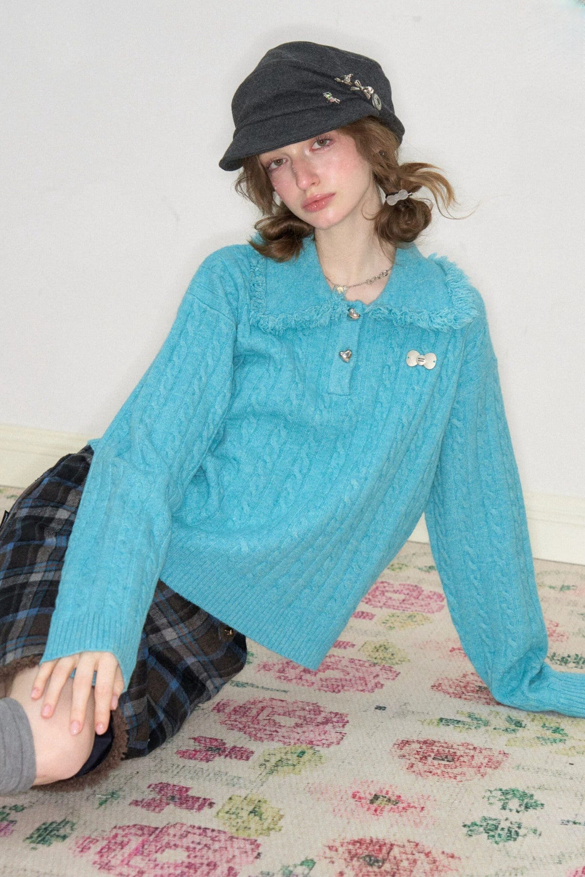 Blue Green Velvet Floral Twist Texture Tassel Sweater
