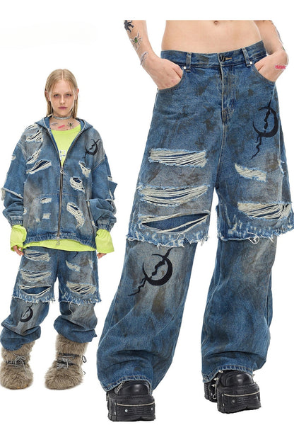 Electric Moon Distressed Double Layer Stacked Jeans