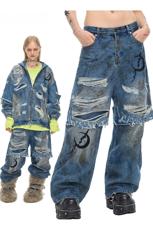 Electric Moon Distressed Double Layer Stacked Jeans