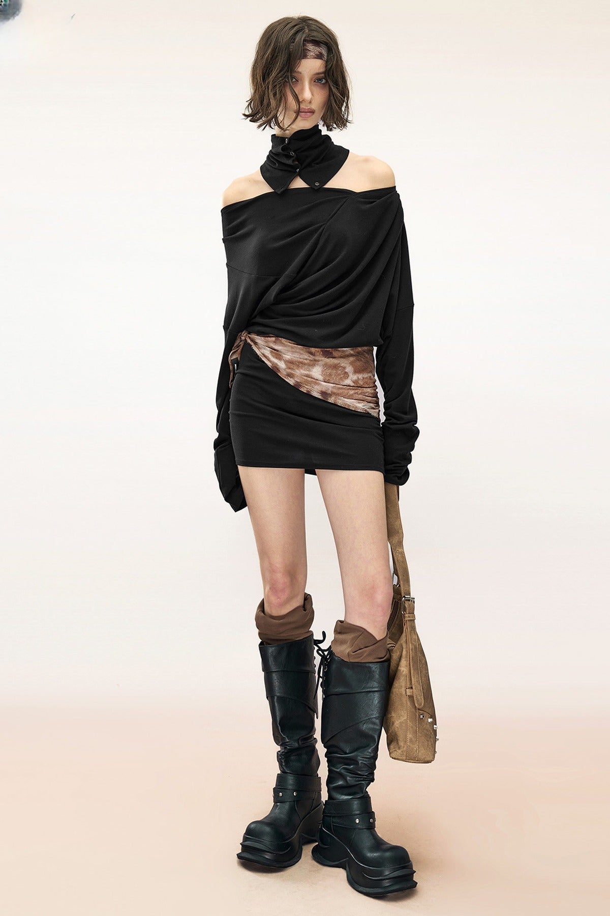 Tencel Cotton Pleated Asymmetrical Long-Sleeved Dress