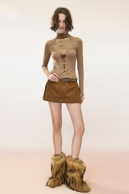 Layered Velvet Half-Turtleneck Long-Sleeve T-Shirt