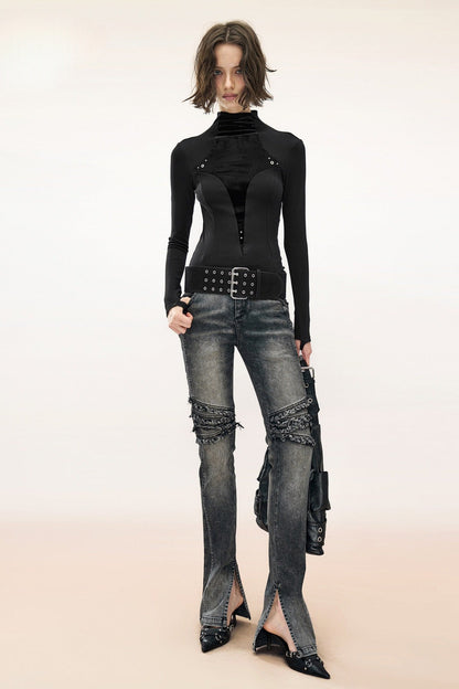 Layered Velvet Half-Turtleneck Long-Sleeve T-Shirt