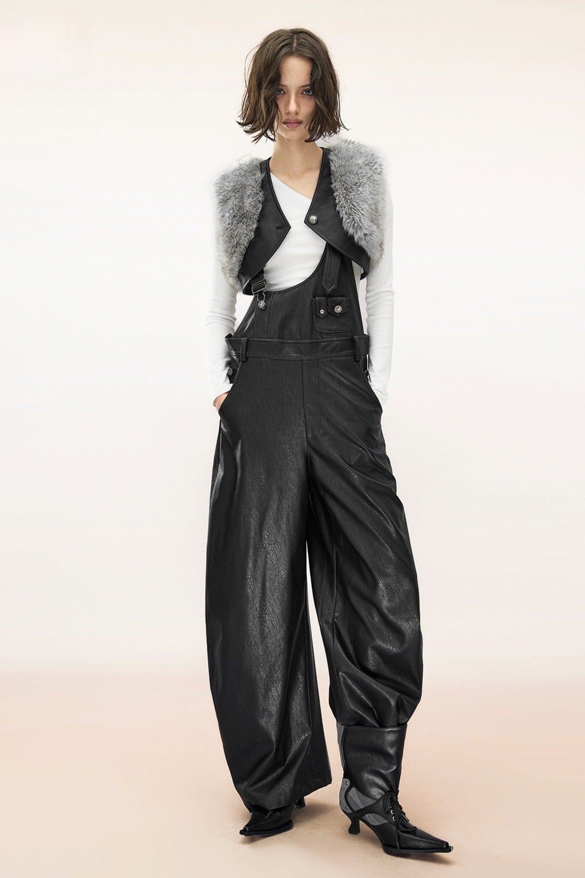 Wide-Leg Suspender Leather Pants