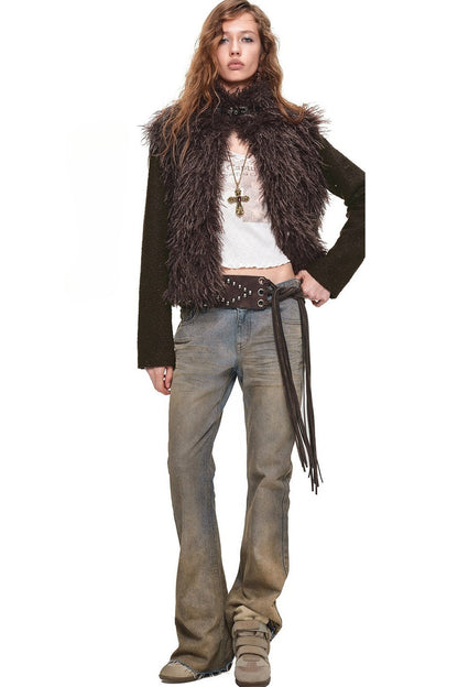 Spliced Sheepskin Fur Belted Short Jacket